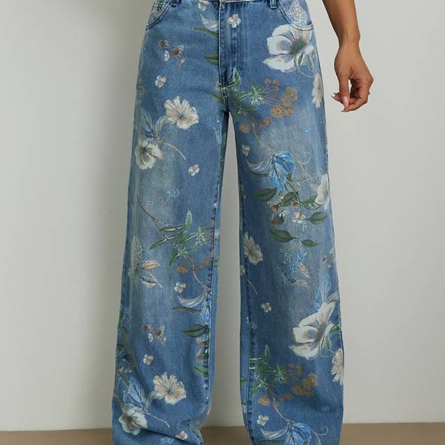 TEMU Streetwear Wide-leg Print Jeans - A Trendy Blend Of Urban Edge And Effortless , Daily Commutes, Dates, Or Casual Meetups