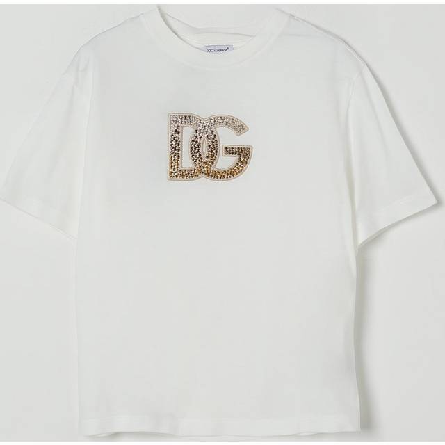 Dolce & Gabbana Short-sleeved Jersey T-shirt With Dg Logo Strass - Woman T-shirts And Sweatshirts White 6 Years