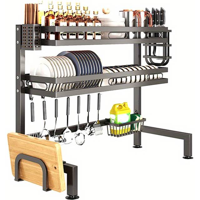 TEMU Over The Sink Drainer Rack, 3- Tier 304 Stainless Steel Over The Sink Dish Rack For Kitchen, Expandable Over The Sink Dish Drying Rack With 8 Hooks