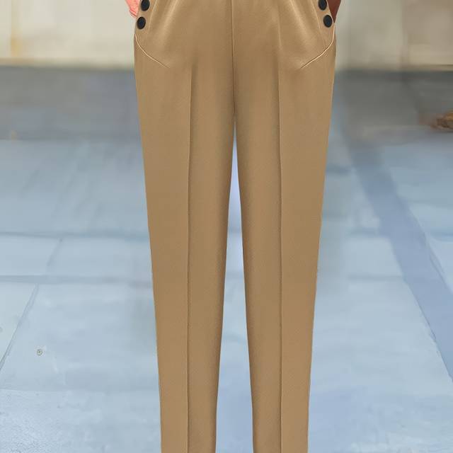 TEMU Women's Elegant Beige Pants - Formal To Casual Office Trousers With Non-stretch Fabric, Non-transparent Everyday Business Or For Women, Professional Attire, Sophisticated Tailoring