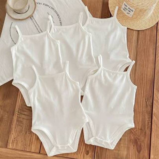 SHEIN Baby Girl 5 Pieces Casual Simple Knitting Soft Stretchy Solid Color Spaghetti Strap Bodysuit, Suitable For Summer
