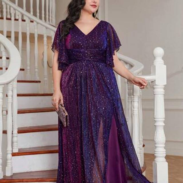 SHEIN Plus Flounce Sleeve Split Thigh Sequin Formal Dress Elegant Prom Evening Wedding Guest Gown, For Graduation, Dinner Party Dress