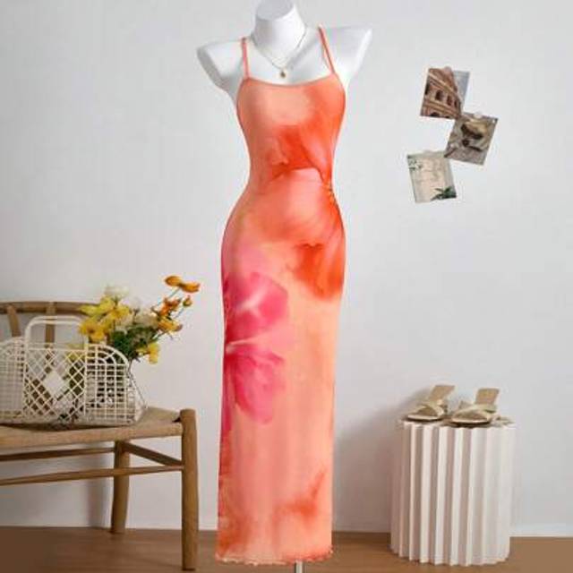 SHEIN Teen Girls Fashionable Summer Vacation Large Floral Print Slip Dress