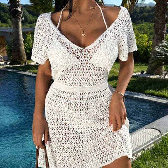 SHEIN Textured Knit Peplum V Neckline Cover Up Boho Style Women Short Dresses Summer Women S White Dress