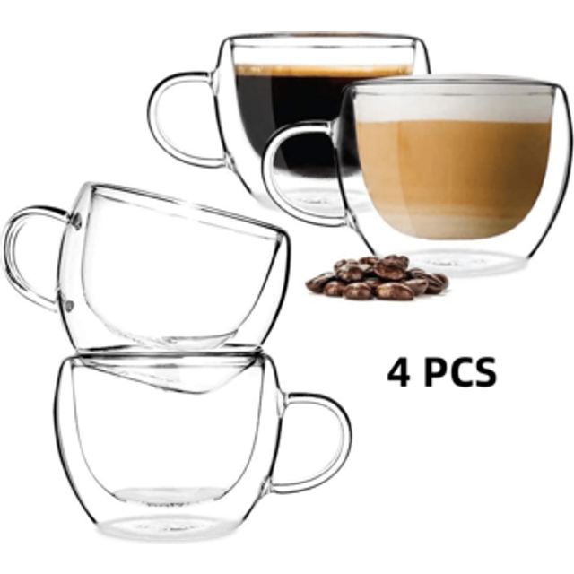 SHEIN 4-Pack Coffee Mug, Double Wall Glass, 150 Ml Glass Coffee Mug For Espresso, Latte, Cappuccino, Drinks School Supplies Back To School