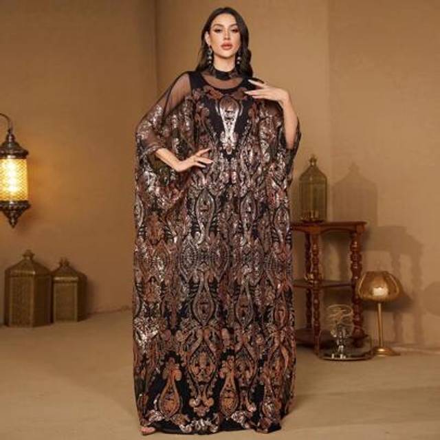 SHEIN SUPGIR [Random Print] Women&#39;s Stand Collar Long Sleeve Reversible Sequin Contrast Mesh Fabric Elegant Evening Dress