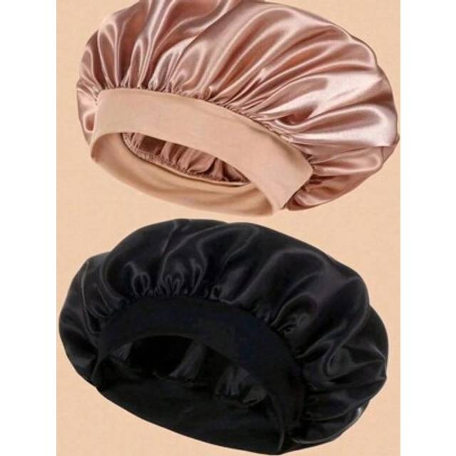 SHEIN 1/2pcs Silk Bonnet For Sleeping, Satin Hair Bonnets, Soft Elastic Band Silk Sleep Cap, Silk Hair Wrap For Curly Hair (Black Gold) Home Bathroom Decor