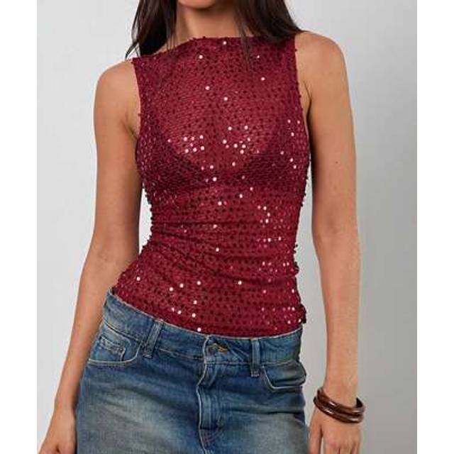 SHEIN Women&#39;s Beads Sequins Clubwear Sleeveless Boat Neck Solid Party Tank Top