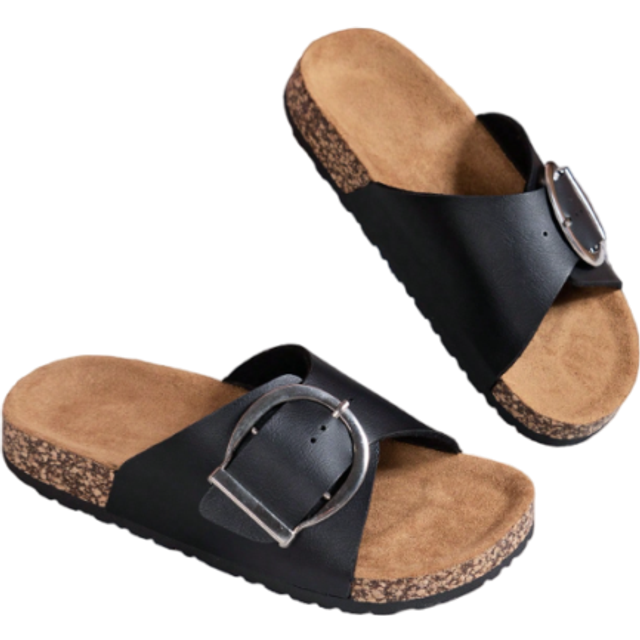 SHEIN Women&#39;s Thick-Soled Waterproof Non-Slip Comfort Function Orthopedic Flat Slide Sandals With Metal Round Buckle