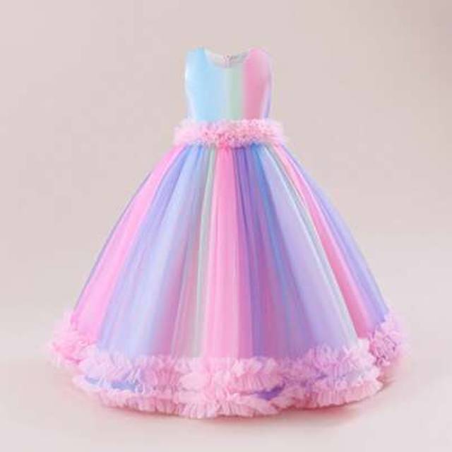 SHEIN Long Formal Rainbow Dress For Children, Special Performance Dress, Colorful Ombre Bowknot Sleeveless Tulle Layered Dress, Girls&#39; Birthday Party, Weddi