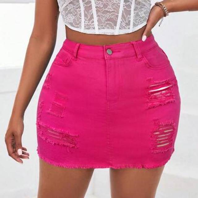 SHEIN Plus Size Denim Stretch Ripped Sexy Mini Skirt