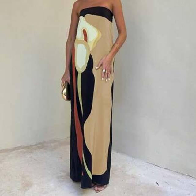 SHEIN Women&#39;s Summer Strapless Long Dress Sleeveless Abstract Print Loose Tube Dress For  Beach