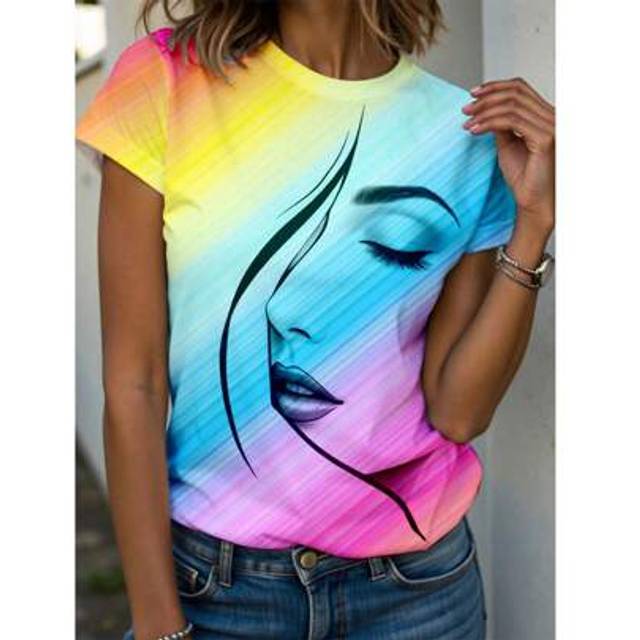 SHEIN Women Abstract Human Face Line Art Print Ombre Short Sleeve Round Neck T-Shirt, Casual Spring Summer Wear