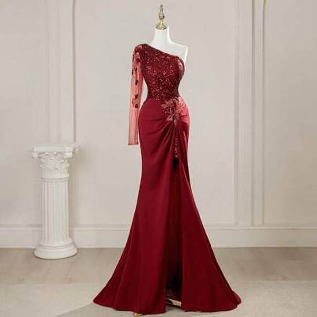 SHEIN Burgundy Single Shoulder Mesh Sleeve Evening Gowns Prom Party Dresses For Women Wedding Guest Bridesmaid Dress