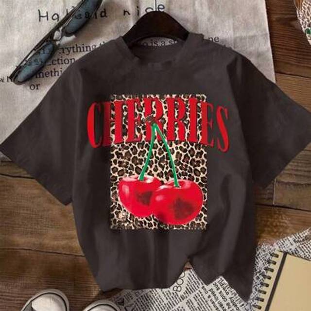 SHEIN Plus Size Women&#39;s Cherry Print Letter Round Neck Short Sleeve Casual T-Shirt