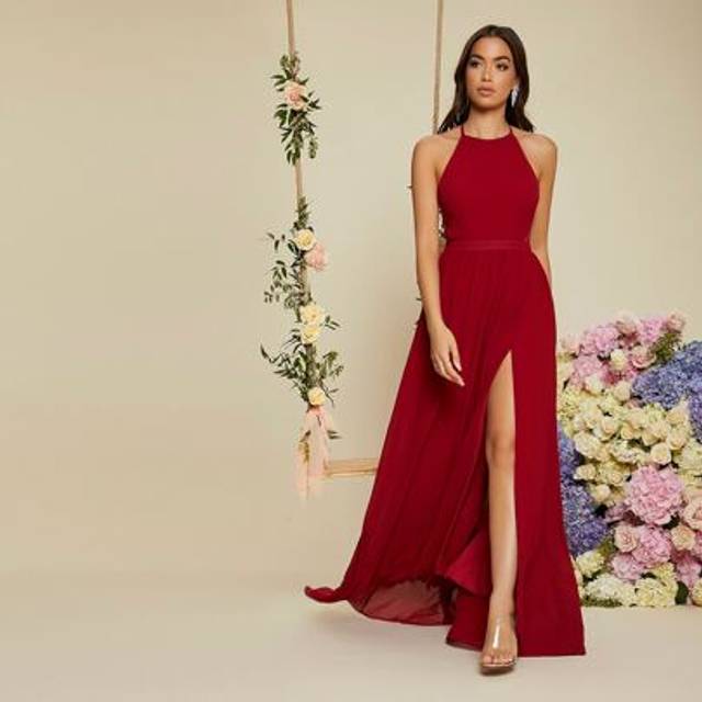 SHEIN Burgundy Red Backless Halter Neck Slit Thigh Prom Dress, Bridesmaid Dress