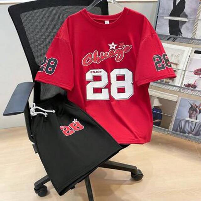 SHEIN 2 Pieces Casual Number & English Letter Printed Red T-Shirt & Black Shorts Set For Teen Boys, Street Punk Rock Academic Daily Outings Parties Music Fe