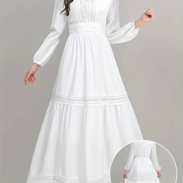 TEMU Elegant White Lace-trimmed Maxi Dress With Lantern Sleeves - Flowy V-neck, A-line Silhouette, Spring & Fall, Women's Fashion, Long Sleeve Dress