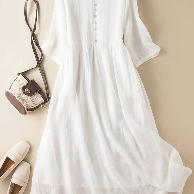 TEMU Elegant White A-line Dress For Women - Crew Neck, Short Sleeve, Lightweight Polyester, Spring/summer, Casual To Formal Wear, Casual Dressing | Crew Neck Dress | Lightweight Dress