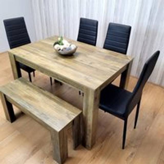 Portland 6 Seater Dining Set Rustic Effect and Black Leather with Bench - Multi - Rectangular