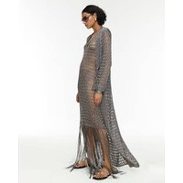River Island Womens Ri Studio Metallic Grey Maxi Crochet Cardigan