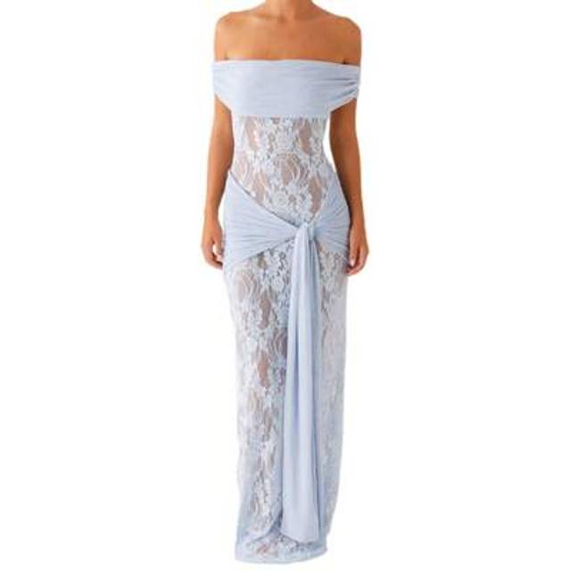 SHEIN Women&#39;s Long Evening Dress Short Sleeve Off Shoulder Strapless Knotted Slim Lace Dress