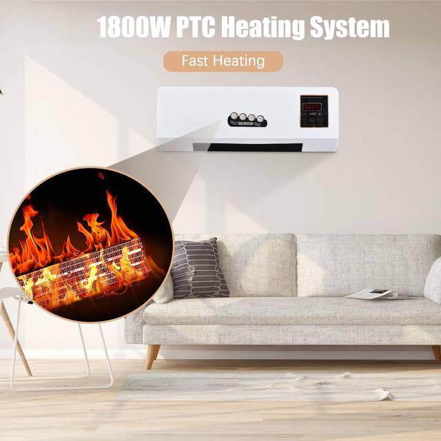 Heater and Fan Combo 1800W 2-in-1 Timing Function Dual Use Wall Mounted Electric Fan and Space Heater with Remote Control EU white