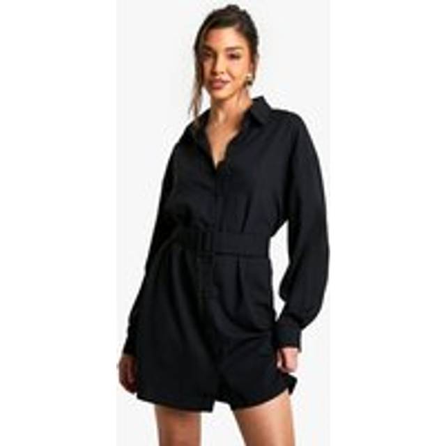 Womens Belted Button-Down Long Sleeve Shirt Dress - Black - 18