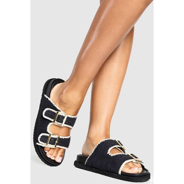 Womens Wide Fit Crochet Contrast Binding Double Strap Footbed Sandals - Black - 8
