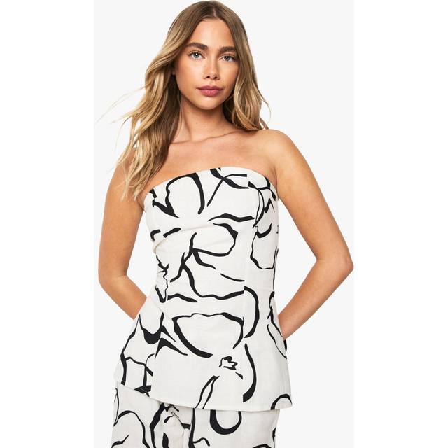 Boohoo Abstract Floral Linen Look Bandeau Top In Cream - cream - 8