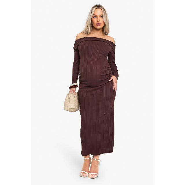 Womens Maternity Rib Bardot Ruched Midaxi - Brown - 10