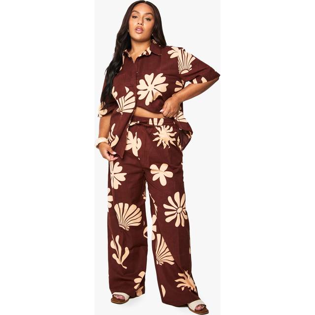 Womens Plus Shell Print Linen Wide Leg Trouser - Chocolate - 26