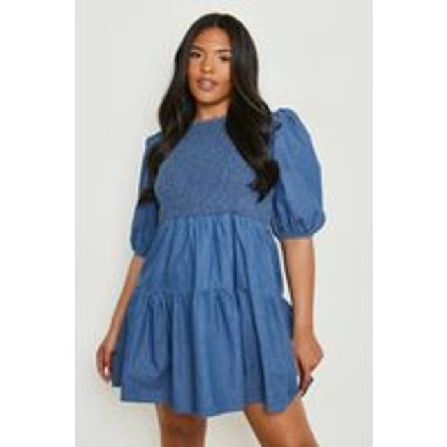 Womens Plus Chambray Shirred Smock Dress - Blue - 22