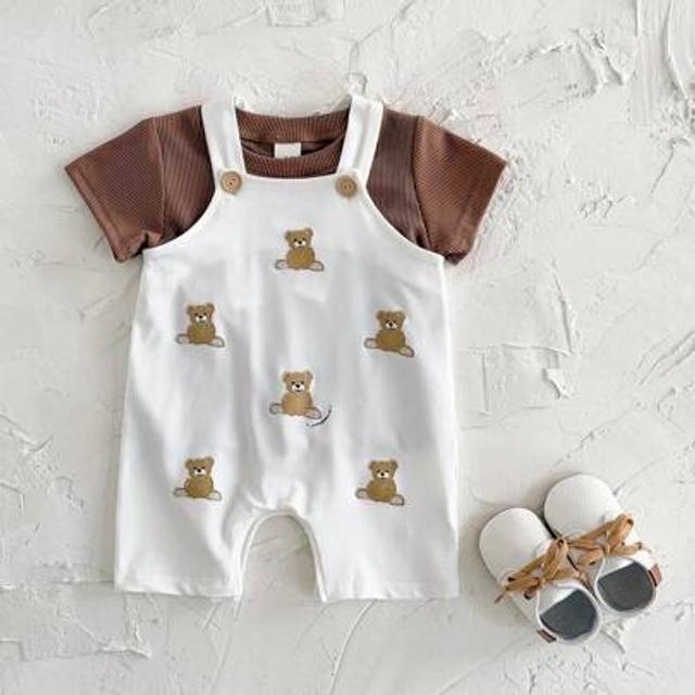 SHEIN 2pcs/Set Baby Boy Cute Bear Print T-Shirt And Bib Overalls, Summer Outfit