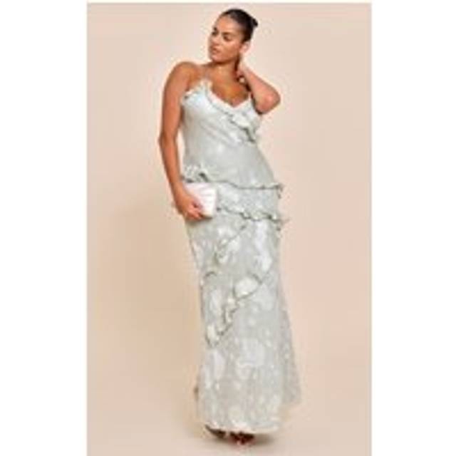 Plus Sage Green Embroidered Frill Maxi Dress, Sage Green - 22