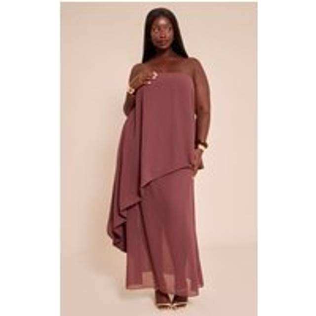 Plus Chocolate Chiffon Bandeau Overlay Maxi Dress, Chocolate - 26