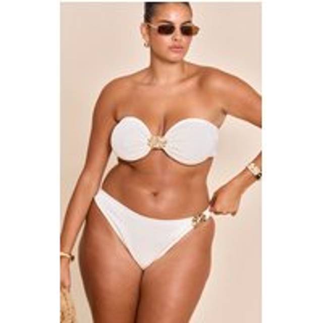 Plus Cream Textured Flower Trim High Leg Bikini Bottoms, White - 26