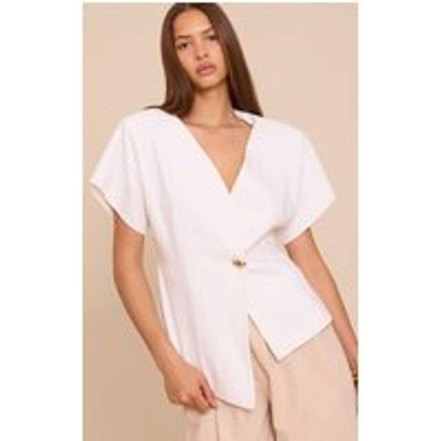 Off White Linen Look Short Sleeve Round Neck Blazer, Off White - 6