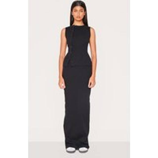 Black Ribbed Maxi Mid Rise Skirt, Black - 8