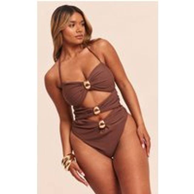 Shape Chocolate Strappy Gold Trim Twist Front Swimsuit, Chocolate - 6