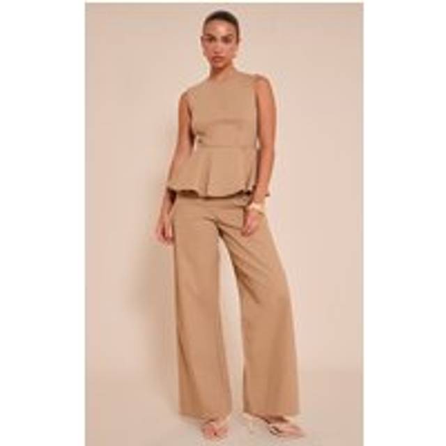 Mocha Cotton Peplum Detail Wide Leg Jumpsuit, Brown - 12