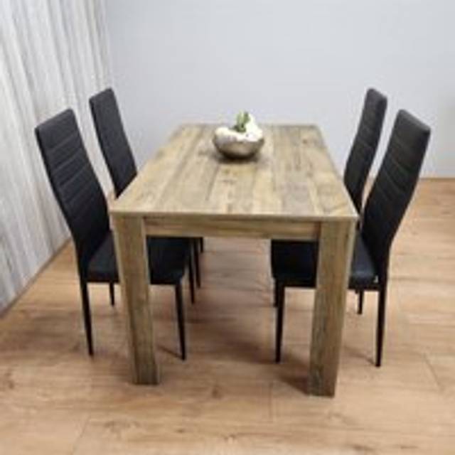 Portland 4 Seater Dining Set Rustic Effect and Black Leather - Multi - Rectangular