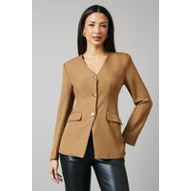 V Neck Collarless Blazer - Camel - 14
