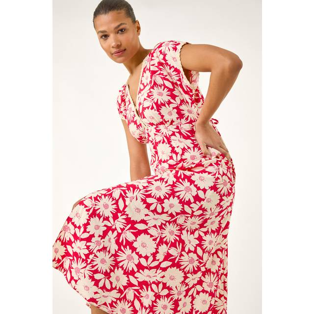 Daisy Print Lace Trim Midi Dress - Red - 10