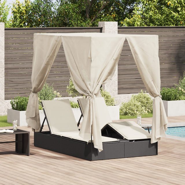 vidaXL Double Sun Lounger Black 203 x 128 x 202 cm Poly Rattan, fabric