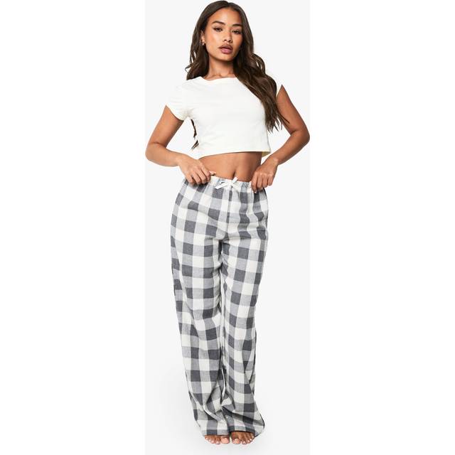 Womens Check Short Sleeve Baby T-Shirt & Trousers Pyjama Set - Grey - 12, Grey