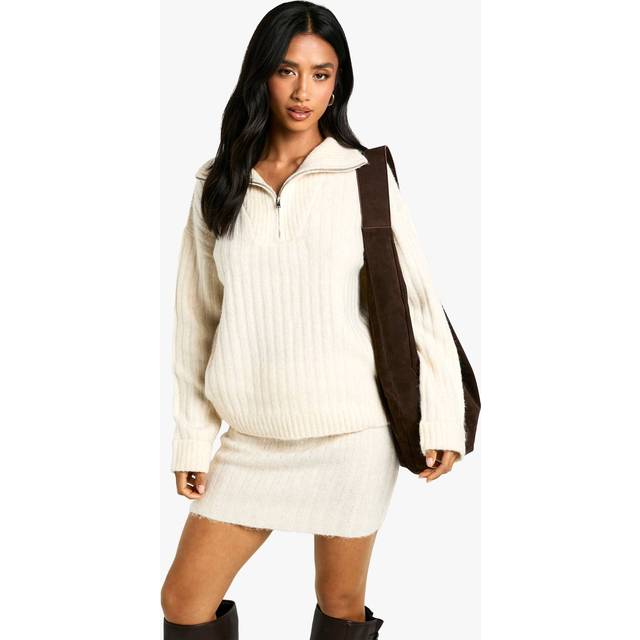 Womens Petite Soft Knit Thick Rib Zip Neck Oversized Jumper And Mini Skirt Set - Cream - S