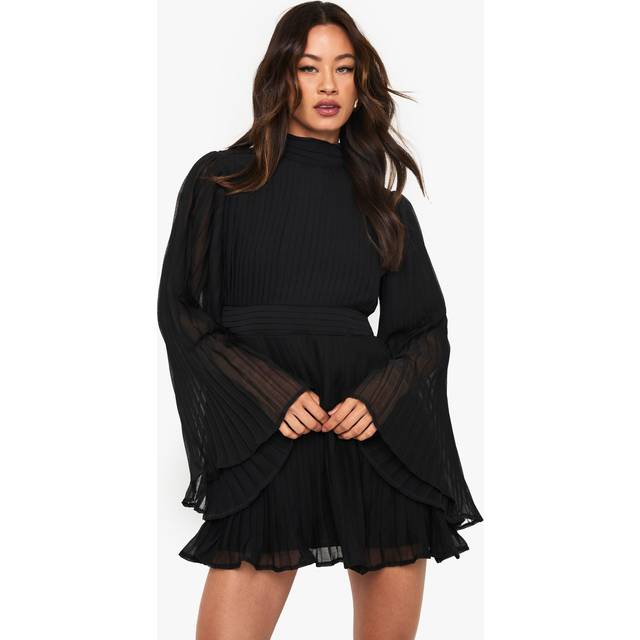 boohoo Women's Tall Pleated Chiffon High Neck Flare Sleeve Mini Dress in Black | Size: 8