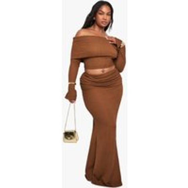 Womens Plus Crinkle Fold Over Maxi Skirt - Tan - 18