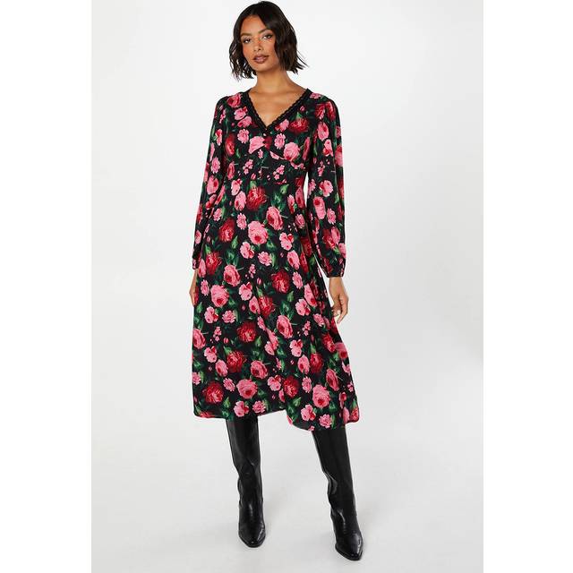 Womens Floral Long Sleeve Lace Trim Button Front Midi Dress - 8
